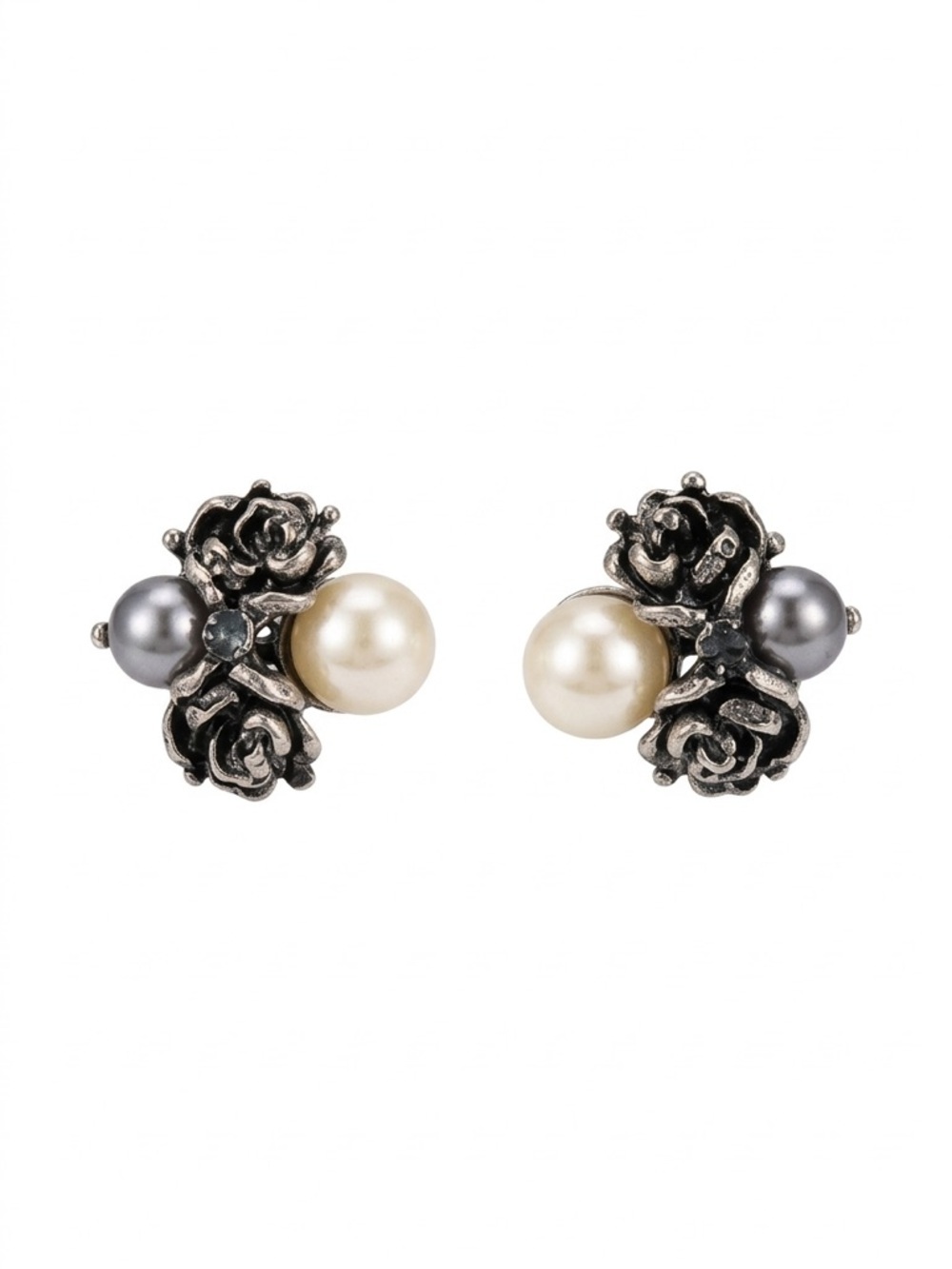 Mid-Century Modern Silver Tone Rose & Faux Pearl Cluster Stud Earrings - Picture 5 of 9